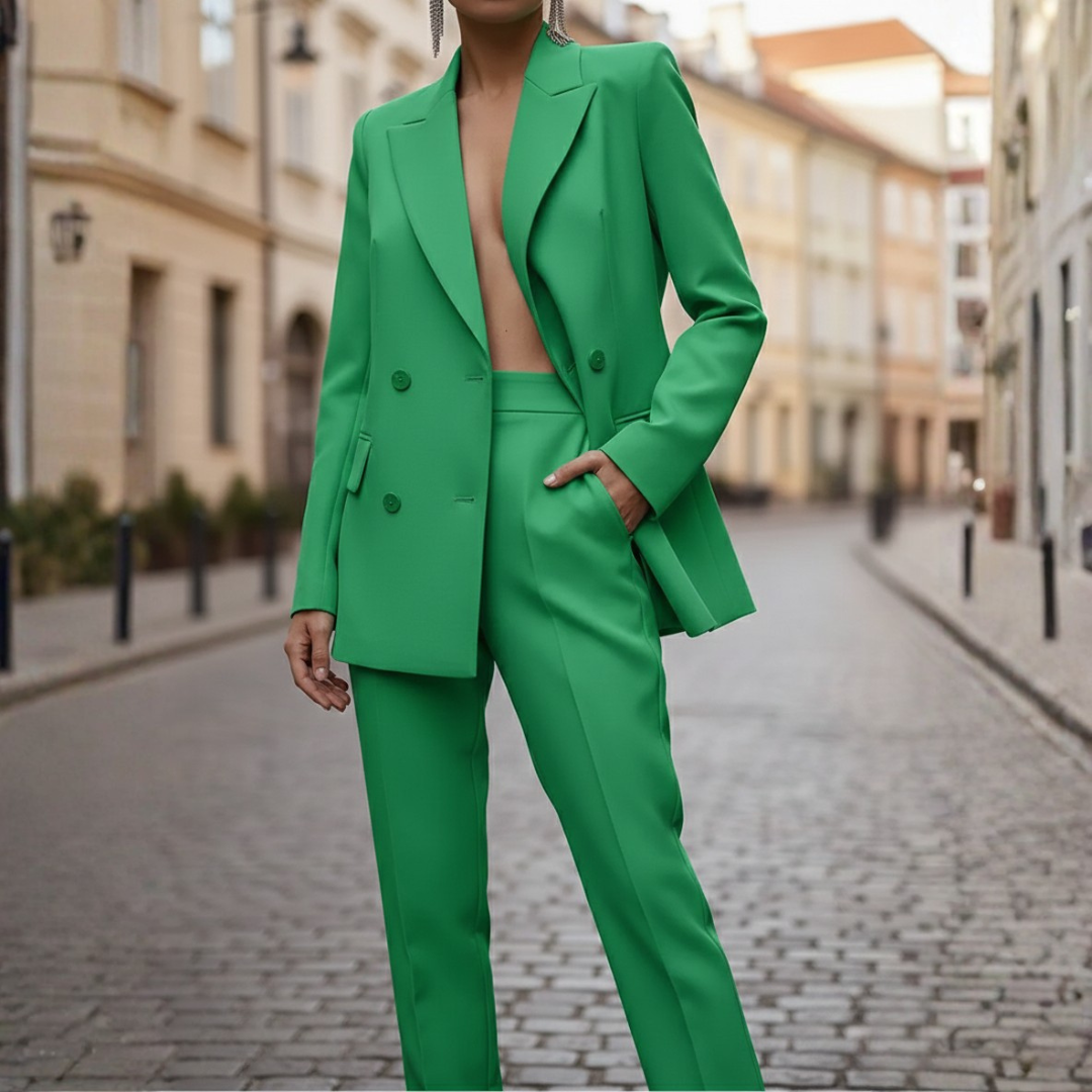 Suit Set Double-Breasted Blazer Straight Leg Pants Womens