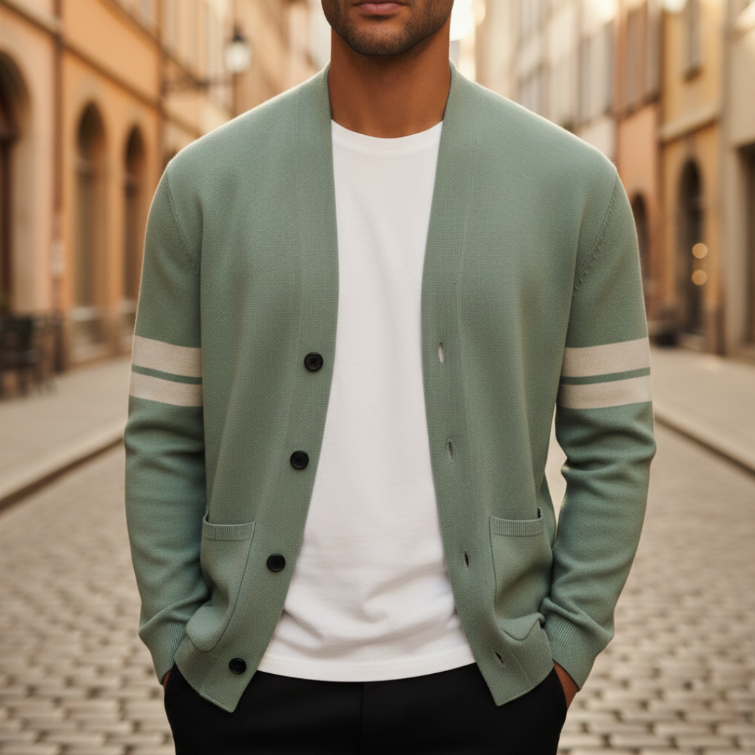 Suéter cárdigan para hombre con cuello chal, abotonado y mangas a rayas