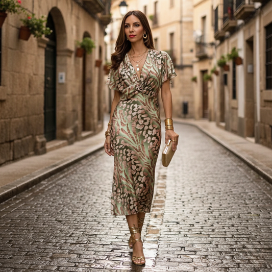 Robe midi manches courtes satinée à fleurs pour femme verte