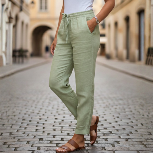 Pantalones de Lino con Cintura Elástica y Cordón, Ajustados para Mujer, Verano