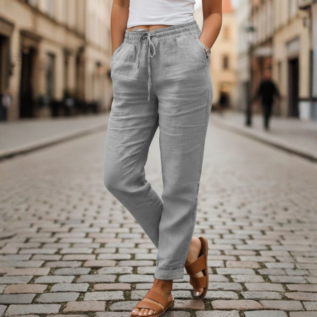 Linen Pants Drawstring Elastic Waist Tapered Women Summer