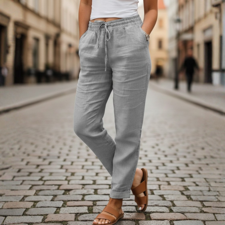 Linen Pants Drawstring Elastic Waist Tapered Women Summer