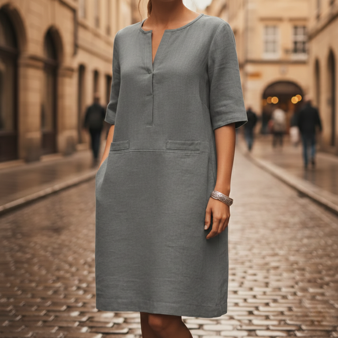 Shift Dress Short Sleeve Linen Look Womens