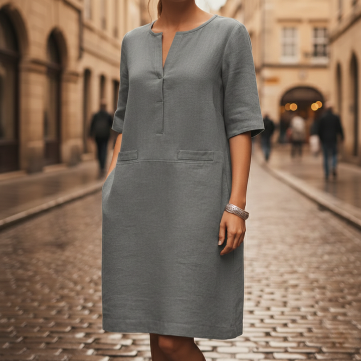 Shift Dress Short Sleeve Linen Look Womens