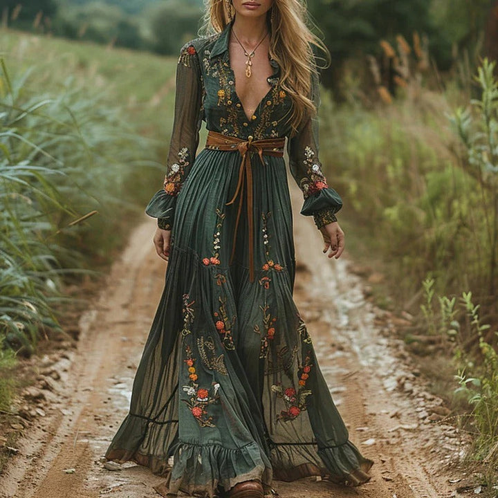 Women's Maxi Dress Chiffon Embroidered Floral Sleeveless Round Neck Elastic Waist – Casual Occasion