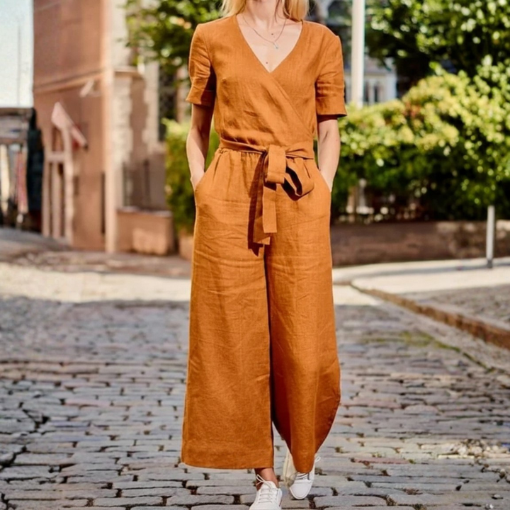 Combinaison à enfiler avec ceinture, manches courtes, jambes larges pour femme
