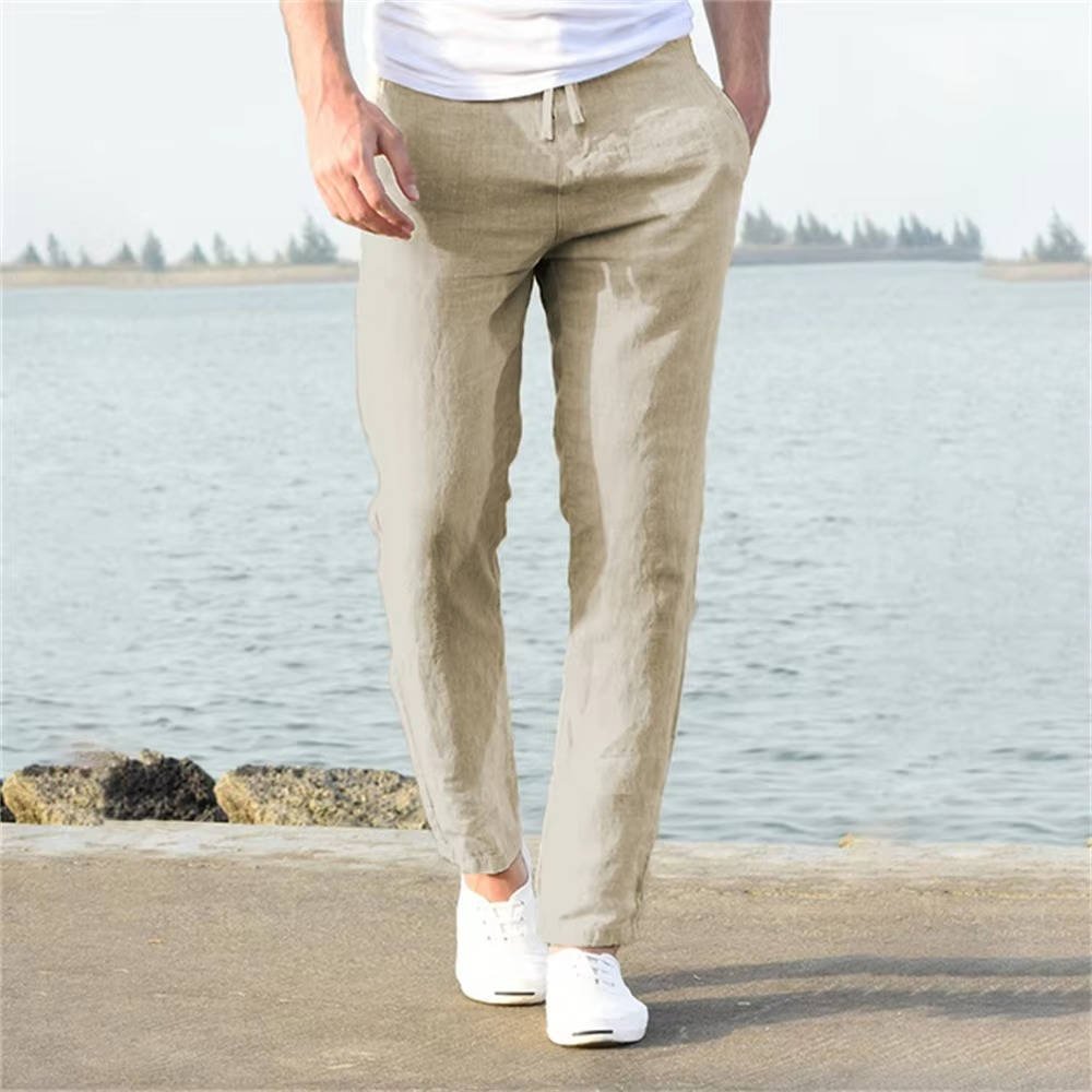 Men's Breathable Lightweight Linen Pants | Color-Block Detail