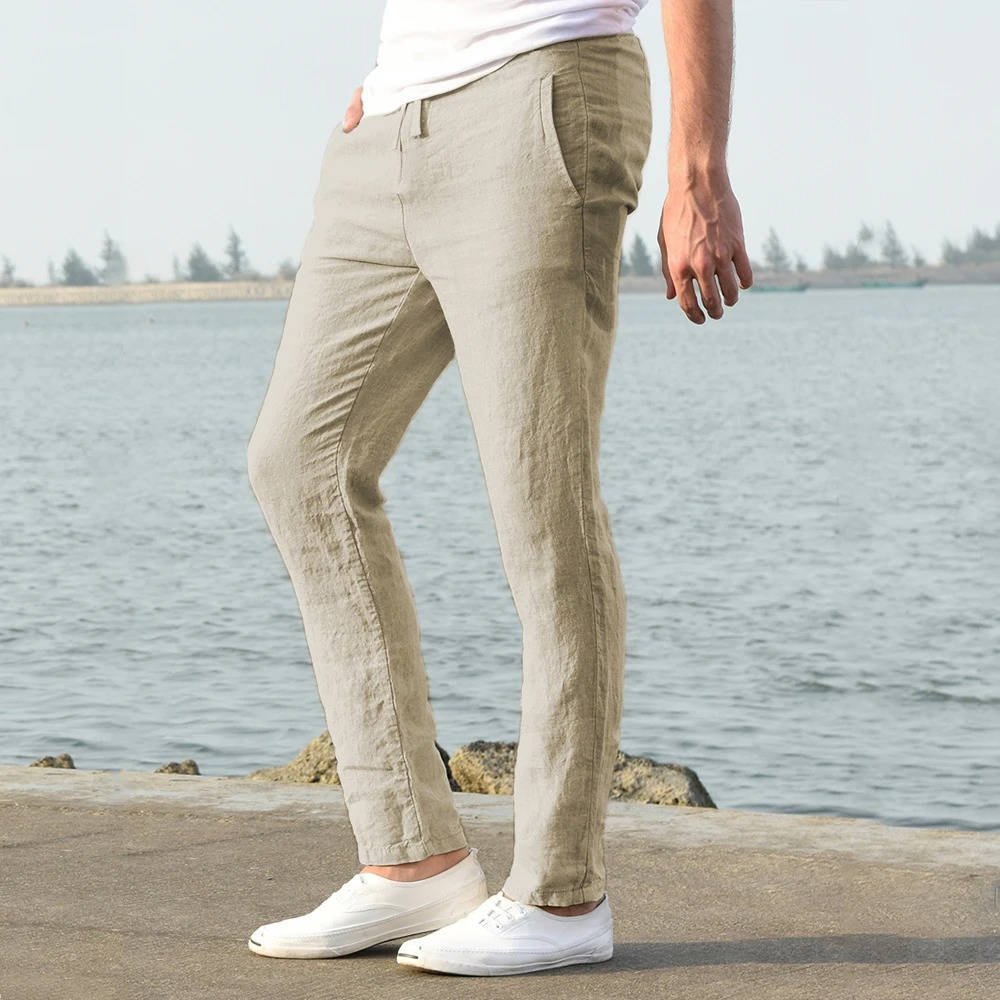 Men's Breathable Lightweight Linen Pants | Color-Block Side