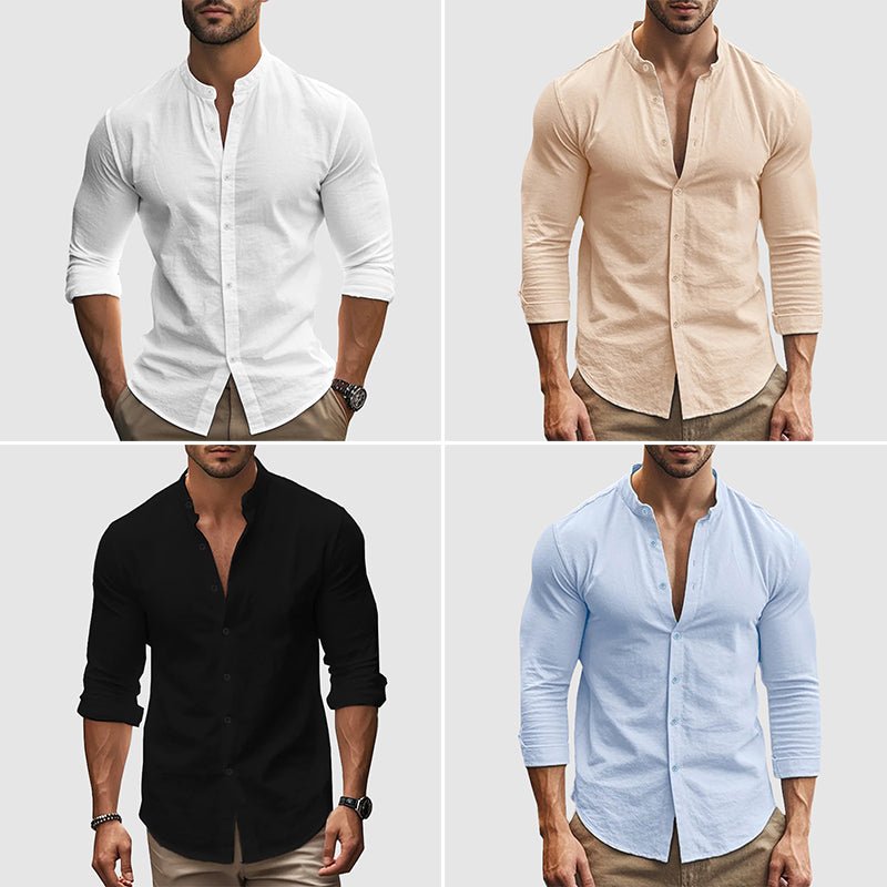 Men's Breezy Linen Shirt | Mandarin Collar Close Up