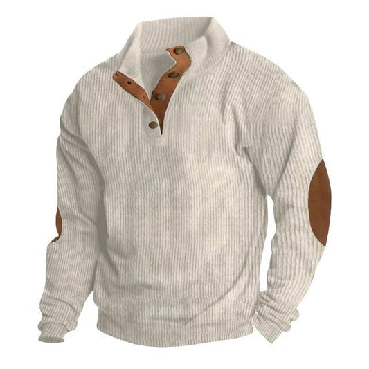 Men's Button Neck Pullover Sweater | Elbow Patches Classic Knit Hero