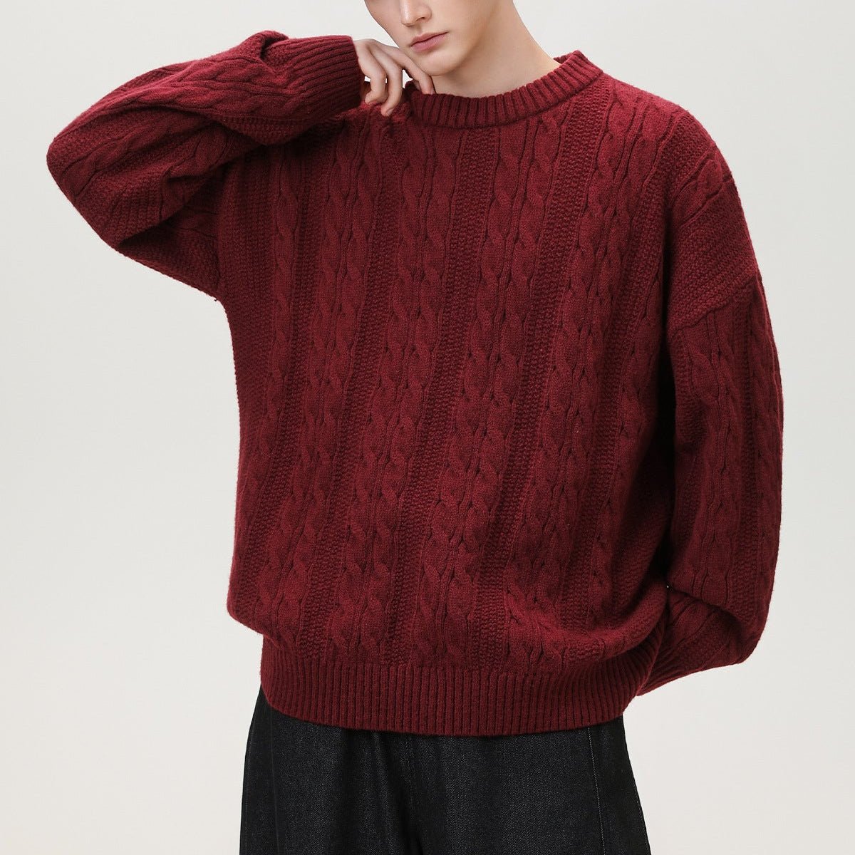 Men's Cable Knit Sweater | Vertical Braid Relaxed Fit Close Up