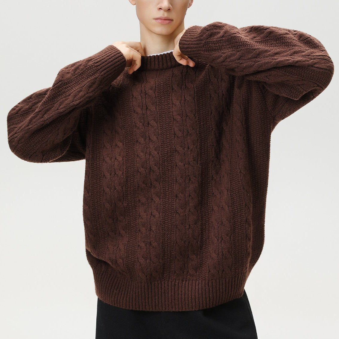Men's Cable Knit Sweater | Vertical Braid Relaxed Fit View 12