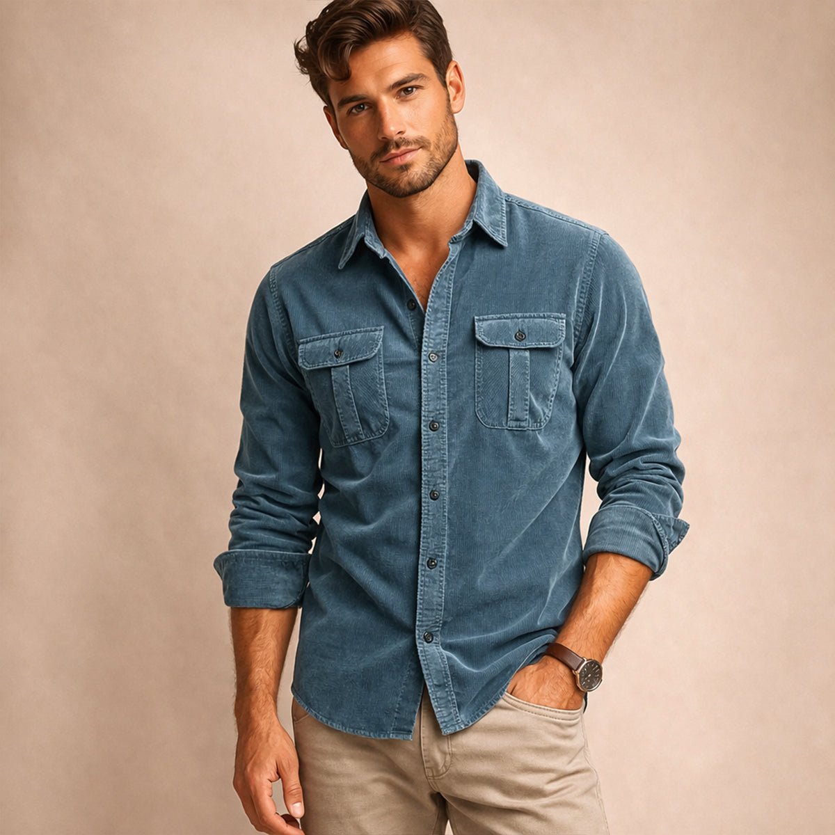 Men's Casual Button Down Corduroy Shirt | Dual Chest Pocket Close Up