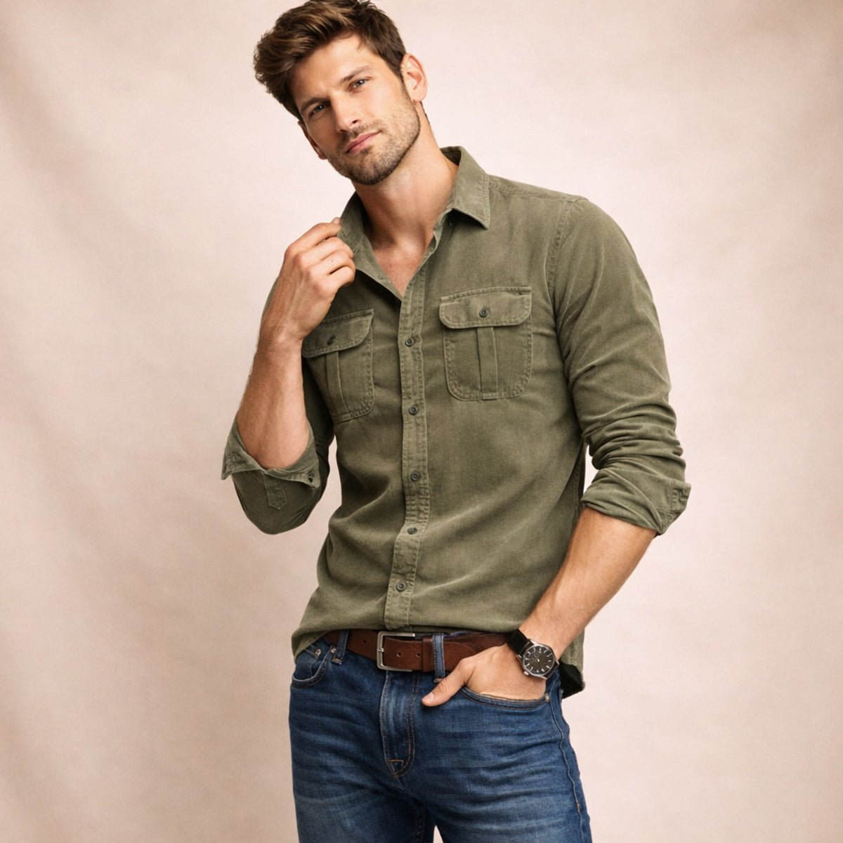 Men's Casual Button Down Corduroy Shirt | Dual Chest Pocket Full