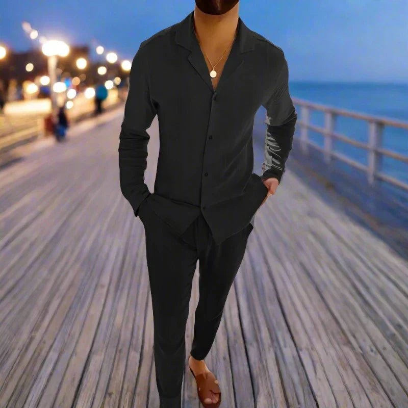 Men's Casual Cuban Collar Shirt & Trouser Set Close Up