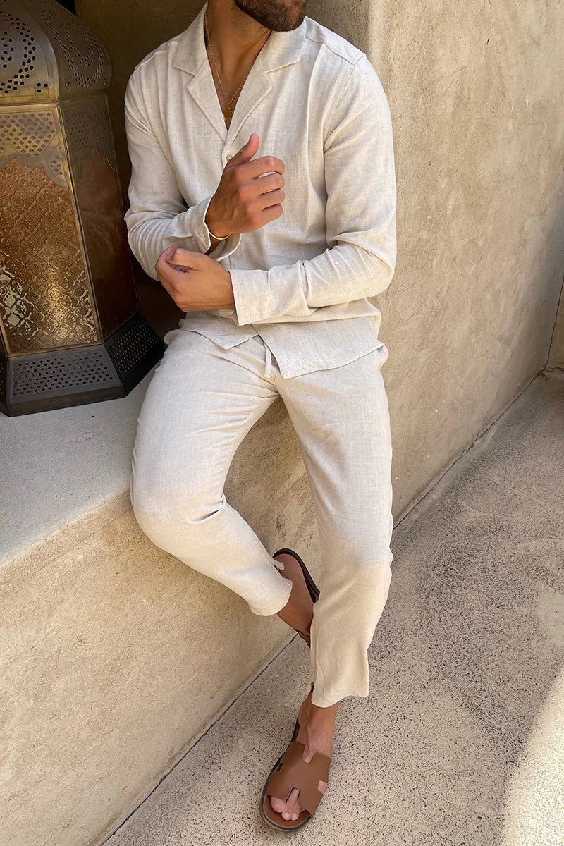 Men's Casual Cuban Collar Shirt & Trouser Set Side