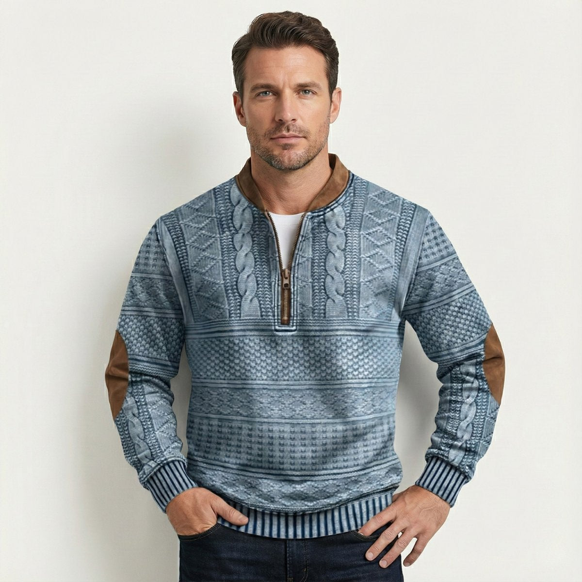 Men's Casual Half Zip Sweater | Patterned Elbow Patches Angle