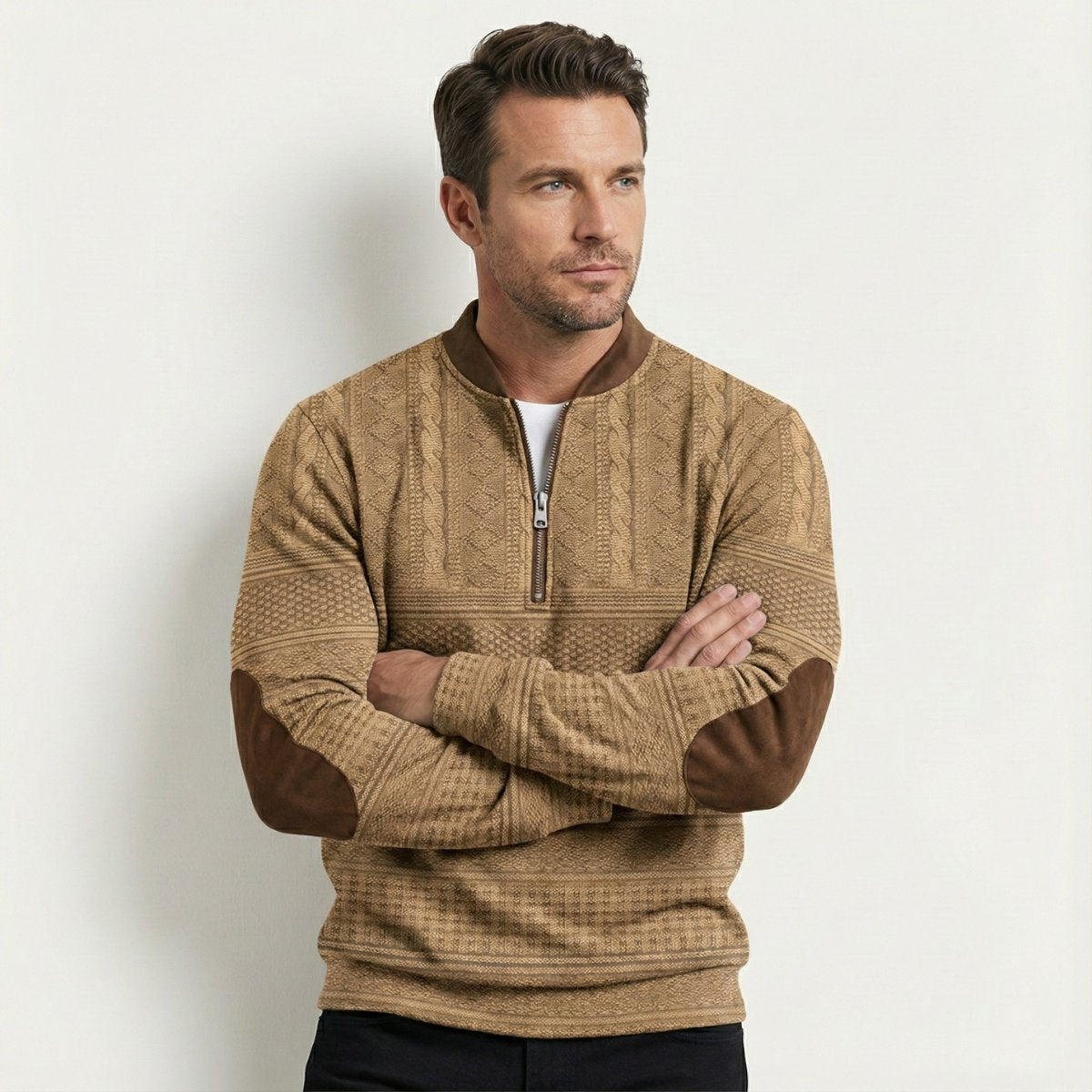 Men's Casual Half Zip Sweater | Patterned Elbow Patches Close Up