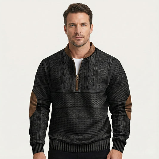 Men's Casual Half Zip Sweater | Patterned Elbow Patches Front