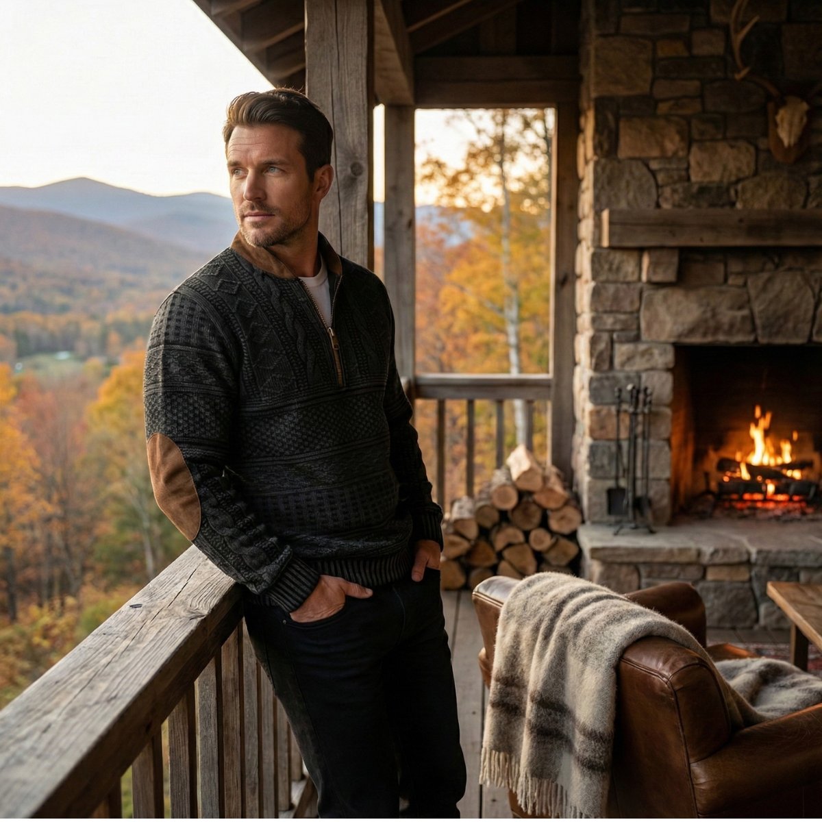 Men's Casual Half Zip Sweater | Patterned Elbow Patches Full