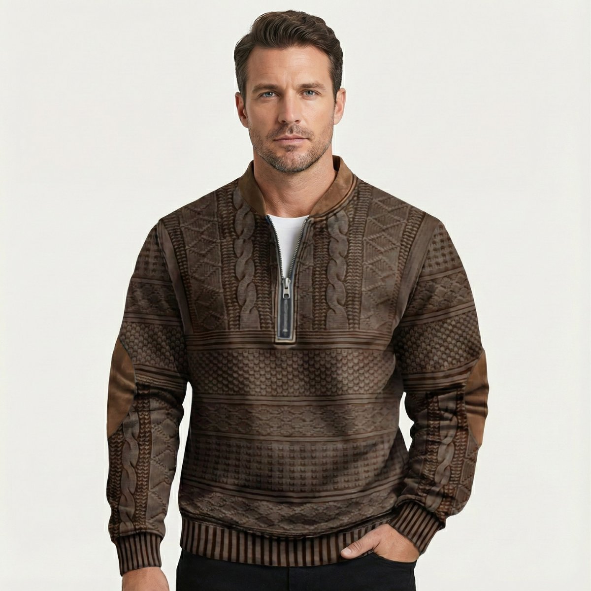 Men's Casual Half Zip Sweater | Patterned Elbow Patches Side
