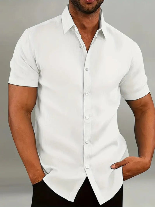 Men's Casual Linen Shirt | Contrast Collar Short Sleeve Front