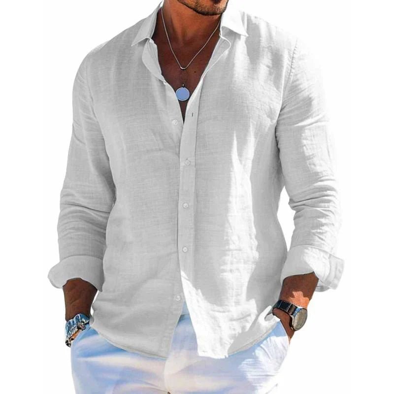 Men's Casual Linen Shirt | Long Sleeve Relaxed Fit Detail