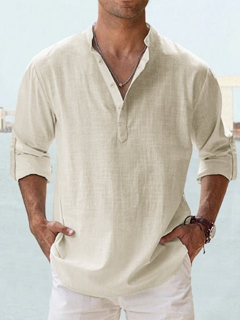 Men's Casual Linen Shirt | Mandarin Collar Henley Angle