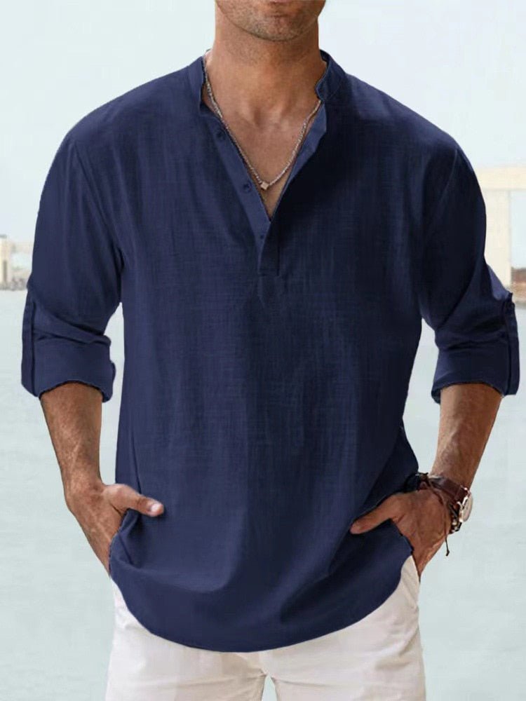Men's Casual Linen Shirt | Mandarin Collar Henley Close Up