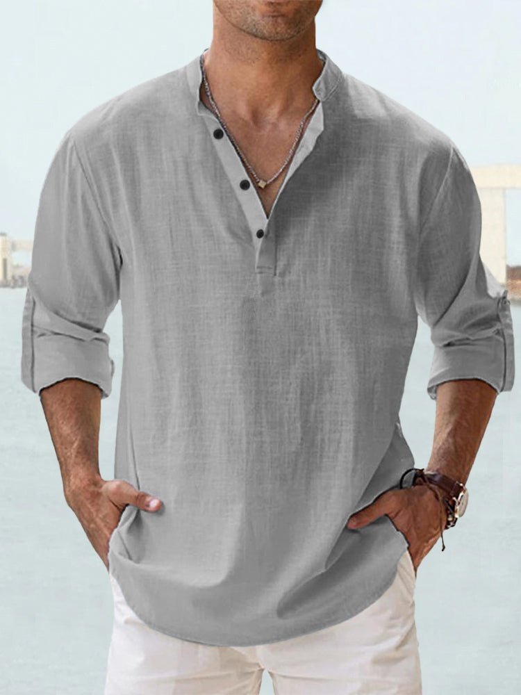 Men's Casual Linen Shirt | Mandarin Collar Henley Detail