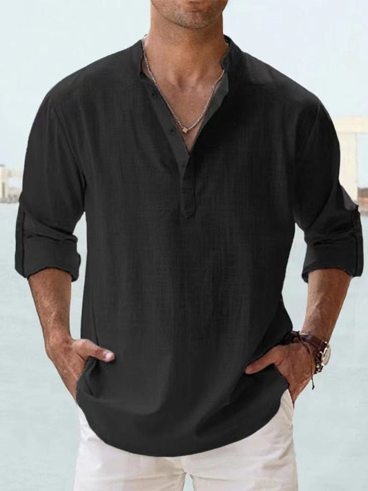 Men's Casual Linen Shirt | Mandarin Collar Henley Front