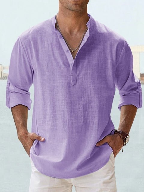 Men's Casual Linen Shirt | Mandarin Collar Henley Full