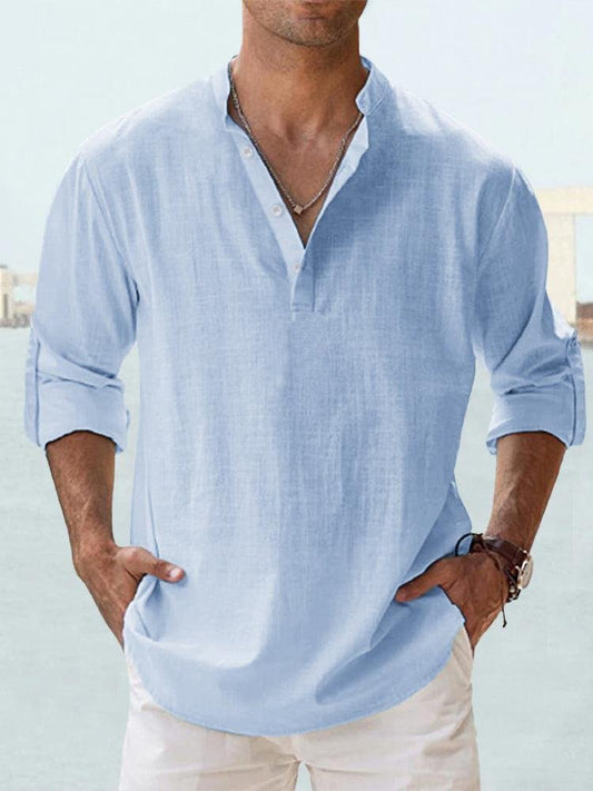 Men's Casual Linen Shirt | Mandarin Collar Henley Hero
