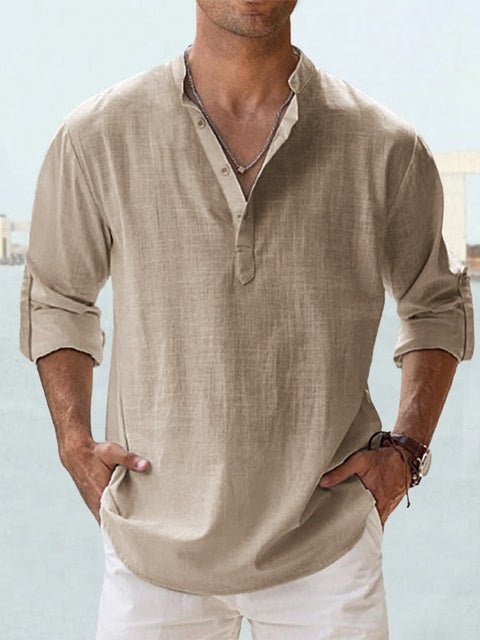 Men's Casual Linen Shirt | Mandarin Collar Henley Lifestyle