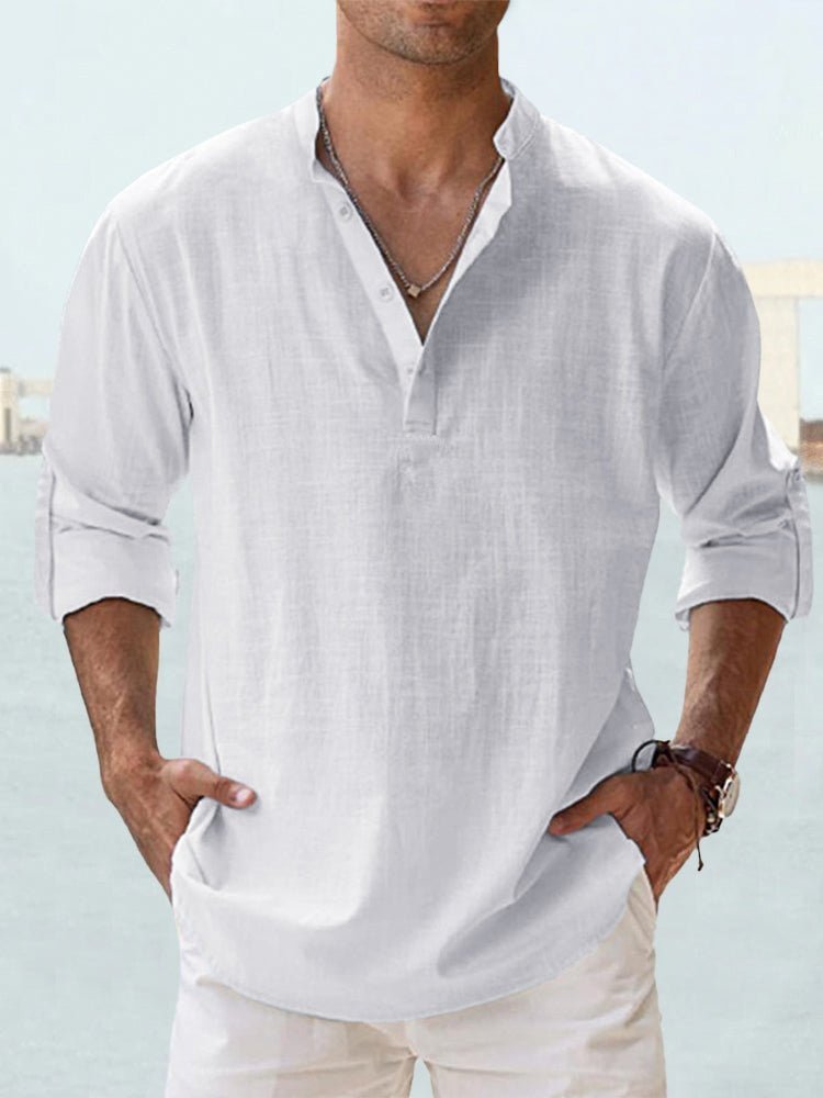 Men's Casual Linen Shirt | Mandarin Collar Henley Side