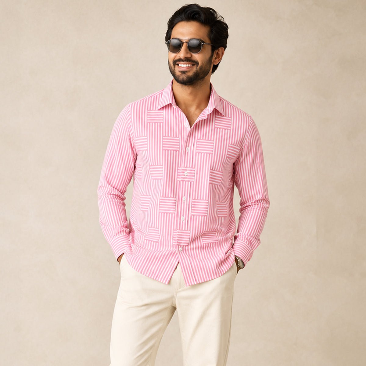Men's Casual Striped Wrinkle Resistant Shirt | Patchwork Summer Close Up