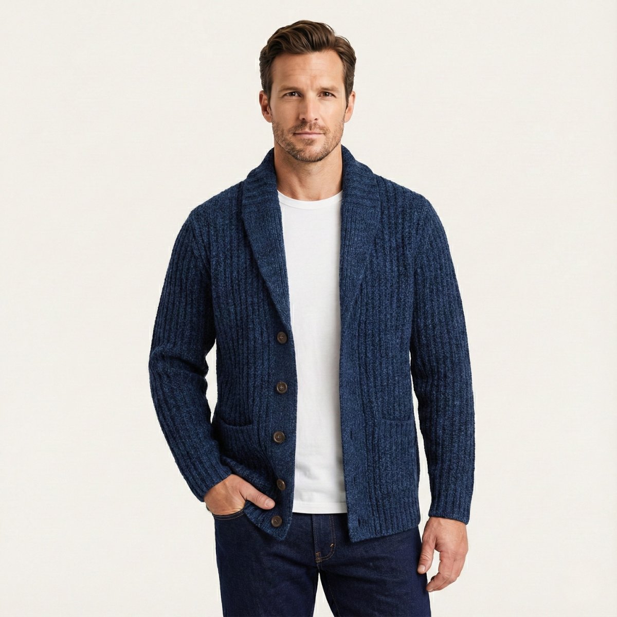 Men's Chunky Knit Shawl Collar Cardigan | Cable-Knit Winter Angle
