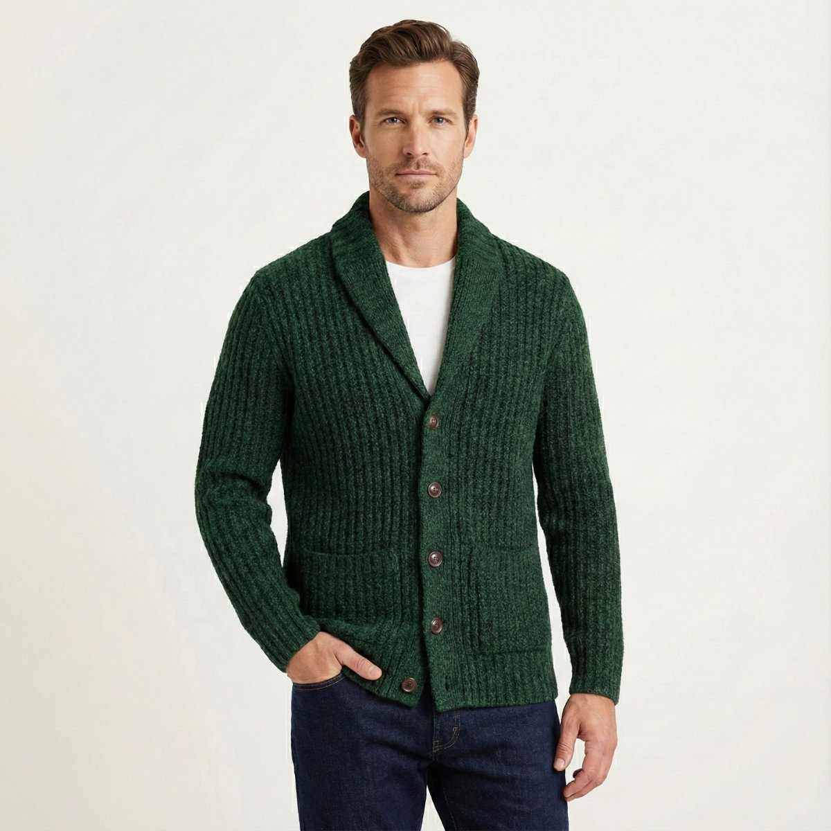 Men's Chunky Knit Shawl Collar Cardigan | Cable-Knit Winter Close Up