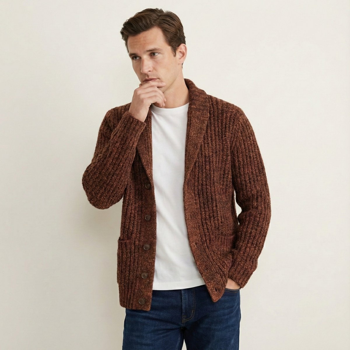 Men's Chunky Knit Shawl Collar Cardigan | Cable-Knit Winter Side