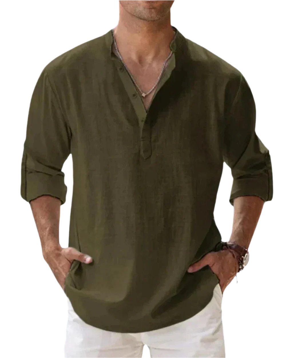 Men's Classic Comfort Shirt | Henley Collarless Relaxed Fit Close Up