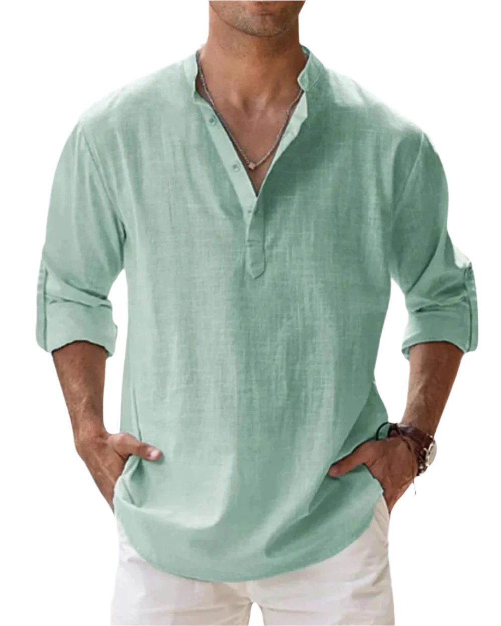 Men's Classic Comfort Shirt | Henley Collarless Relaxed Fit Full