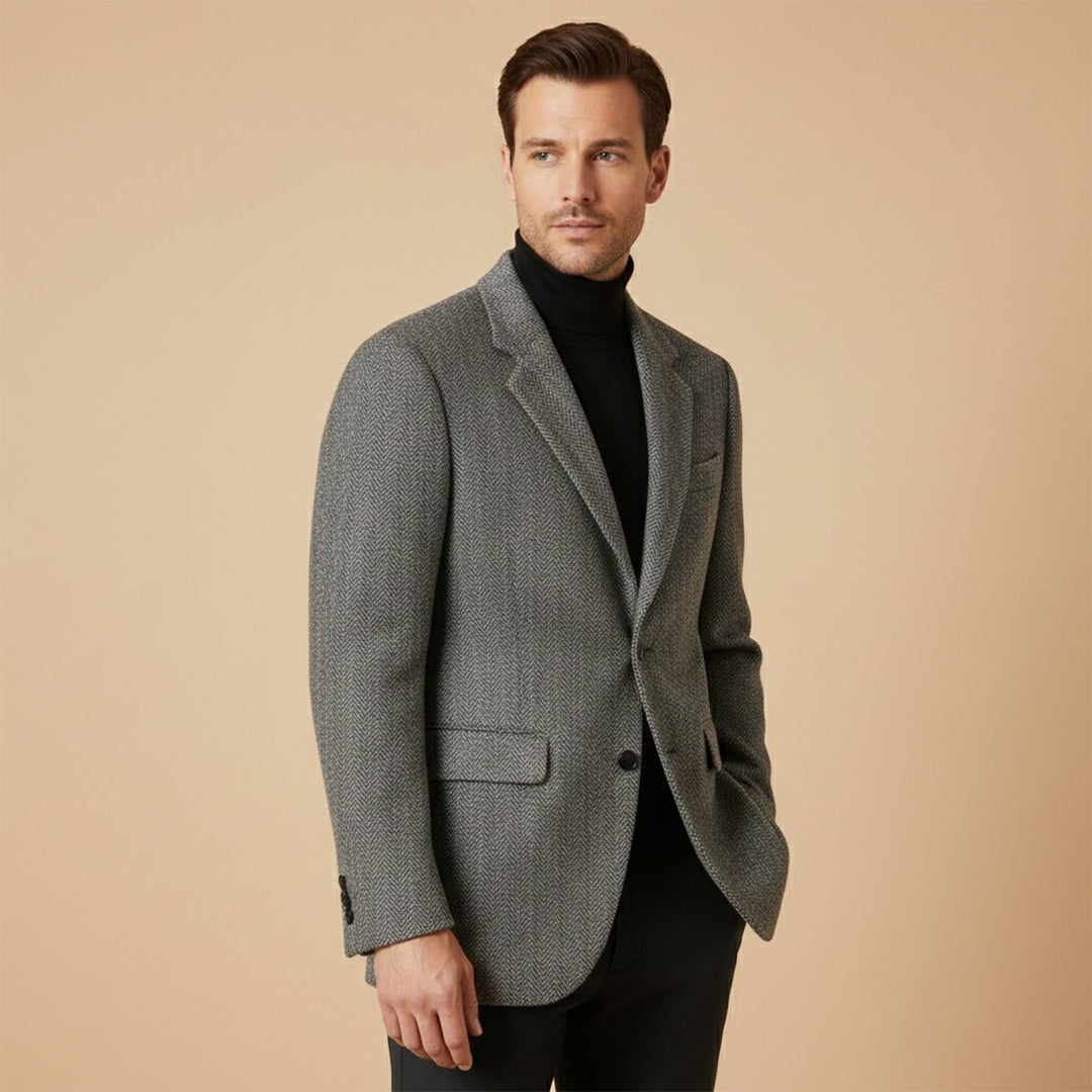 Men's Classic Herringbone Tweed Blazer | Notched Lapel Tailored Close Up