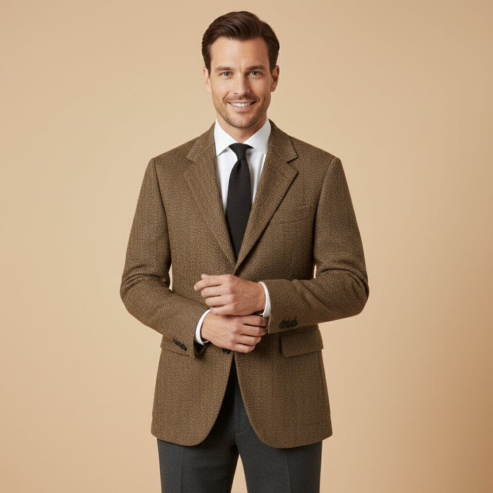 Men's Classic Herringbone Tweed Blazer | Notched Lapel Tailored Front