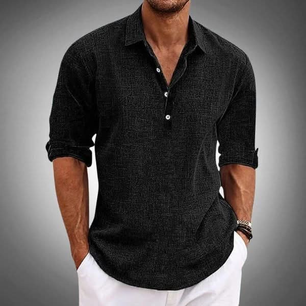 Men's Cotton Linen Henley Shirt | Long Sleeve Relaxed Fit Detail