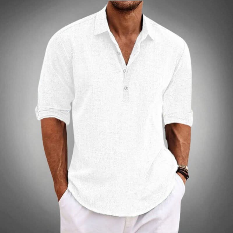 Men's Cotton Linen Henley Shirt | Long Sleeve Relaxed Fit Side