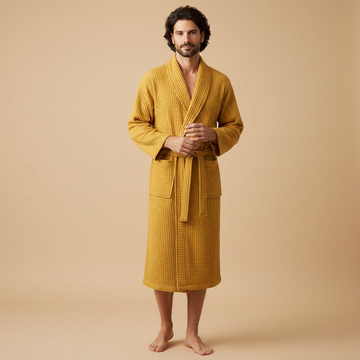 Men's Cotton Waffle Lightweight Bathrobe | Shawl Collar Spa Belt Front