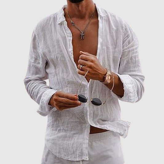 Men's Deep V-Neck Linen Shirt | Button-Down Hero