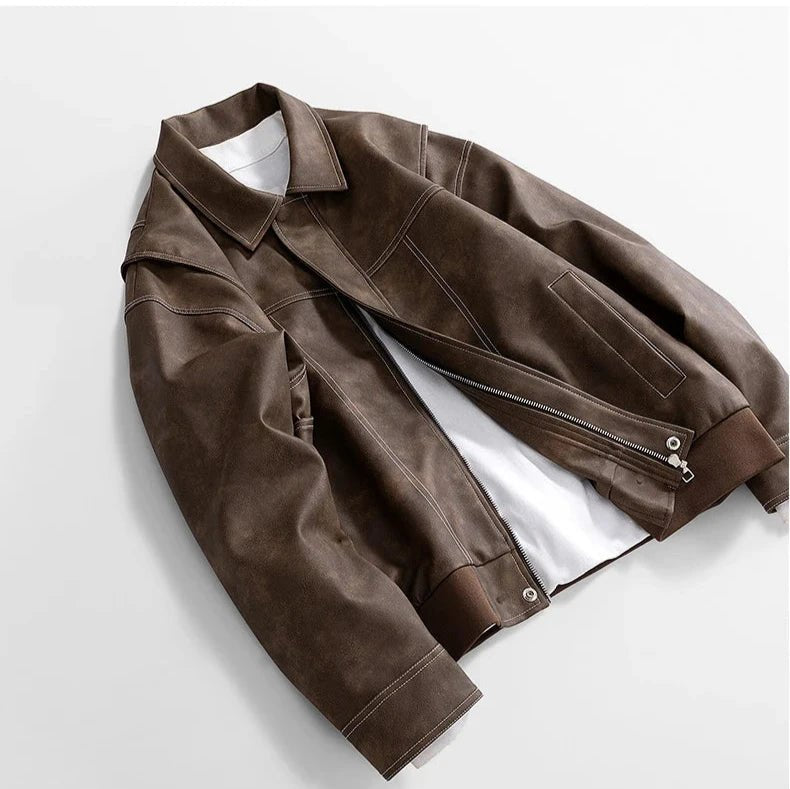 Men's Diagonal Zip Vegan Leather Jacket | Layered Shoulder Back