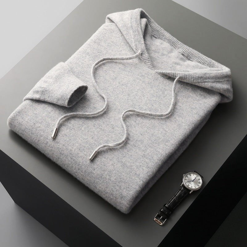 Men's Drawstring Merino Hoodie | Wool Knit Close Up