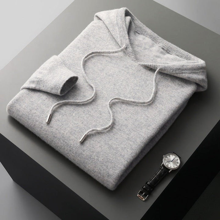 Men's Drawstring Merino Hoodie | Wool Knit Close Up